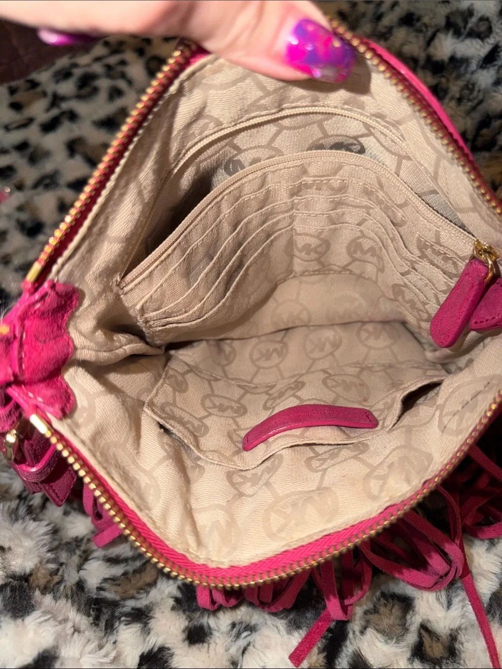 Michael Kors Hot Pink Suede Billy Fringe Crossbody with Gold Hardware